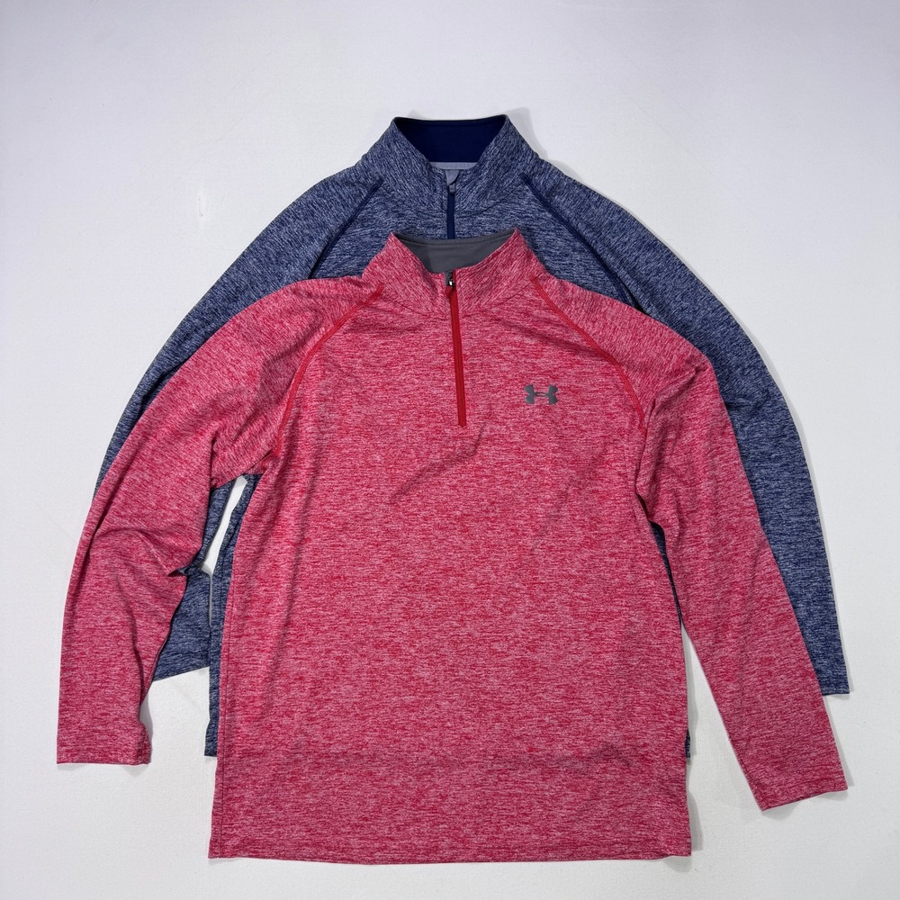 Lot of 2 Under Armour Mens Tech 1/2 Zip Pullover Red Blue HeatGear Medium